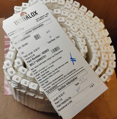10.02' L x 8'' W Intralox 2400 Radius Friction Top White w/ Hold Down Guide Right
