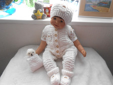Hand knitted White *Woolly Sheep* Romper set baby 0-3mths/reborn 20-22".NEW