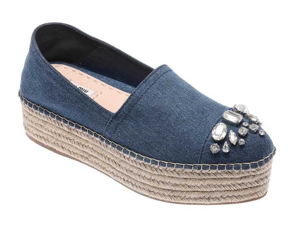 NUEVO MIU MIU PRADA DENIM CRISTALES ALPARGATAS CUÑA PLATAFORMA ZAPATOS 40.5/US 10.5 Foto 3 de 4