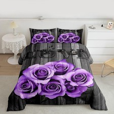 Lavender Color Rose Comforter Set Queen Purple Black Grey Flower Bedding Set ...