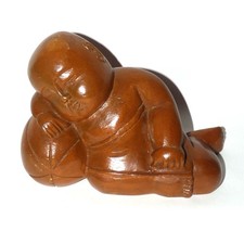 Vintage Chinese Boxwood Carving Sleeping Child Buddha 9.8" Lucky Symbol