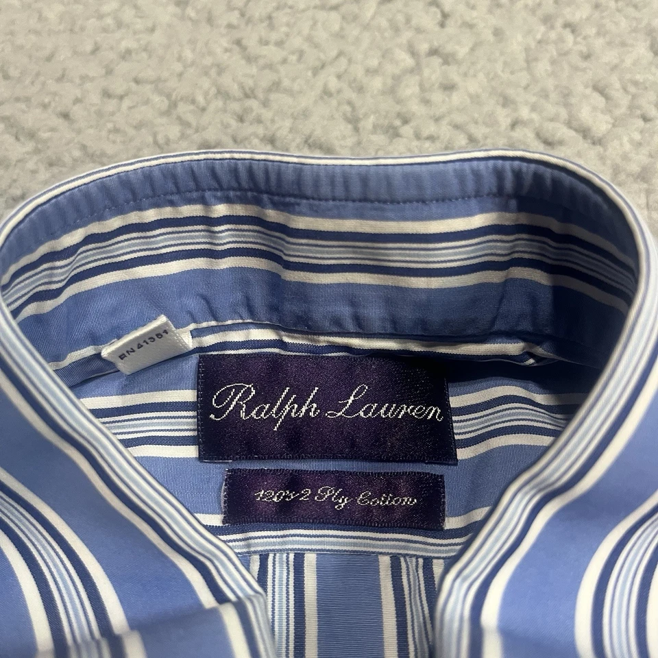 Camisa Ralph Lauren Para Hombres 15.5 Azul Blanco Rayas Púrpura Etiqueta Puño Francés Vestido Foto 2 de 4