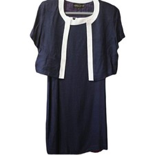 Donna Ricco Vintage Navy Blue White Trim Midi Dress  Jacket Set 12