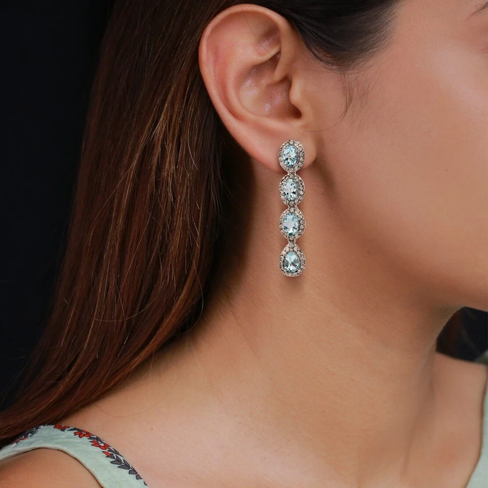 Orecchini pendenti in argento sterling 925 con pietre preziose topazio blu... - Immagine 2 di 4