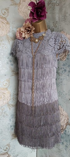 New Oasis Grey Ombre Lace Fringed 20s Gatsby Occasion Party Evening Dress 6 8 10 - Picture 9 of 12