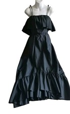 Vintage 80s Women's Prairie Boho Black Maxi Gown with Spaghetti Straps