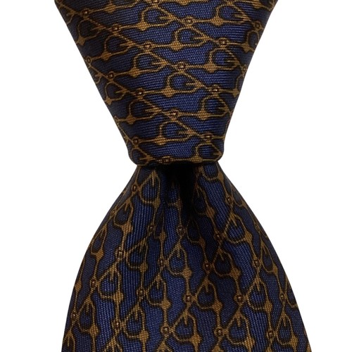 HERMES 823 EA Men's 100% Silk Necktie FRANCE Luxury EQUESTRIAN Blue/Brown GUC