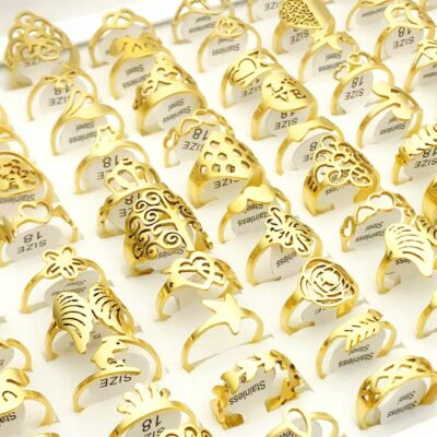 Bulk lots 50 Gold New laser plated stainless steel cut rings lady charm jewelry