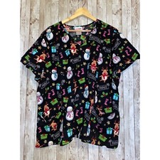 Scrubstar Top Womens 3X Black Merry Christmas Snowman Medical Nurse Uniform Top