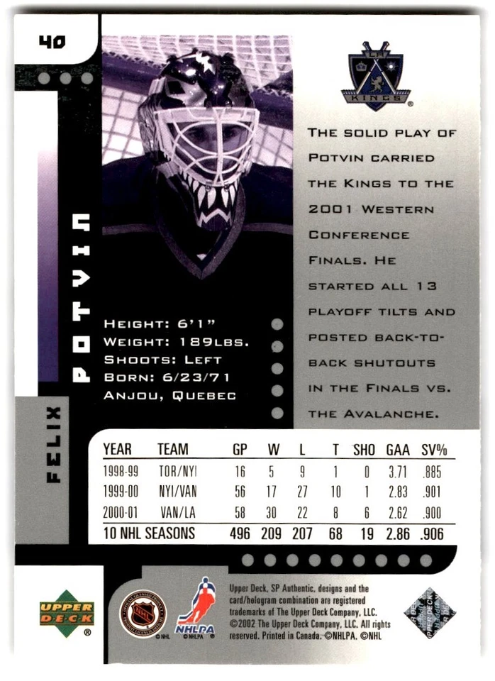 2001-02 SP Authentic Felix Potvin #40 Los Angeles Kings - Image 2 of 2