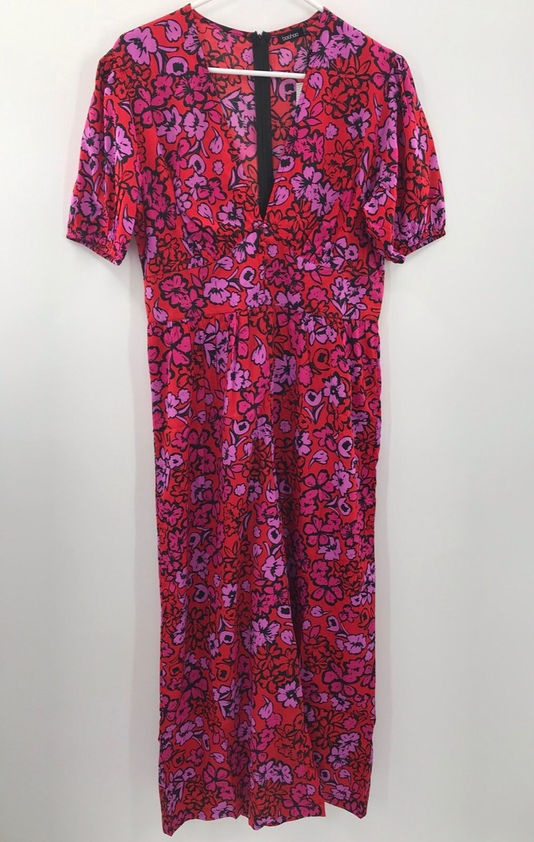 boohoo midi floral dress Blue boohoo Floral Puff Sleeve Button Through Midi Dress