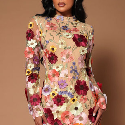 3d floral dress – sheer embroidered mesh mini dress, red carpet