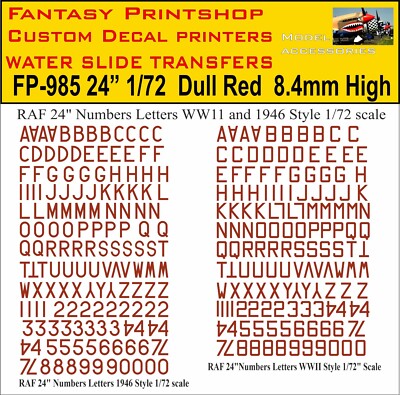 RAF 24'' BUCHSTABEN ZAHLEN WASSERSCHIEBE TRANSFER MODELLBAUSATZ DECALS FP-985 ROT 1/72