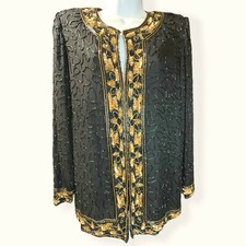 Stenay NWT Black Silk Eveningwear Jacket with Black and Gold Beaded Detail Sz S