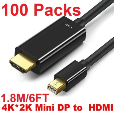 Lot 100x 1.8M/6FT Mini DisplayPort Thunderbolt DP to HDMI Cable Adapter 4K 1080P