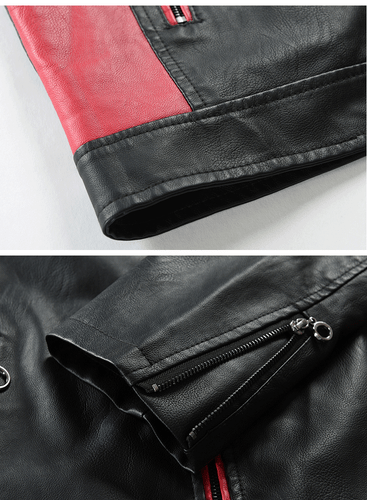 New men's standing collar color matching zippered cardigan leather jacket - Picture 12 of 20