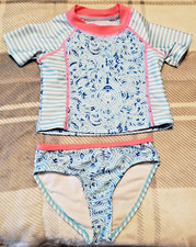 Jantzen Girls SZ 5 Blue/White Accents PInk Striped 2 Pc Tankini Swimsuit UPF 50