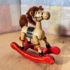 Vintage Wooden Toy Rocking Horse, 4"h Overall, Applied Fur RESIDUE ON BASE