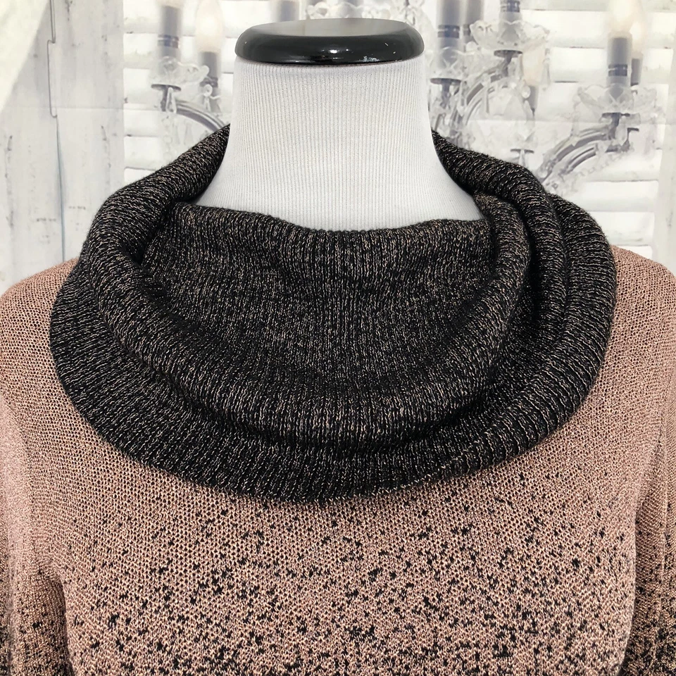 NY Collection Size Medium Black Copper Gold Sweater Dress Cowl Neck Knit Midi B6 - Image 4 of 4