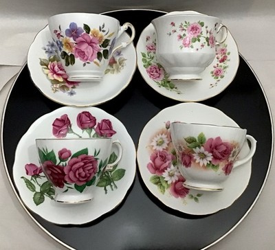 Vnt English Bone China Mix Match Pink Roses Tea Cup & Saucer 4 Sets Tea Party EC