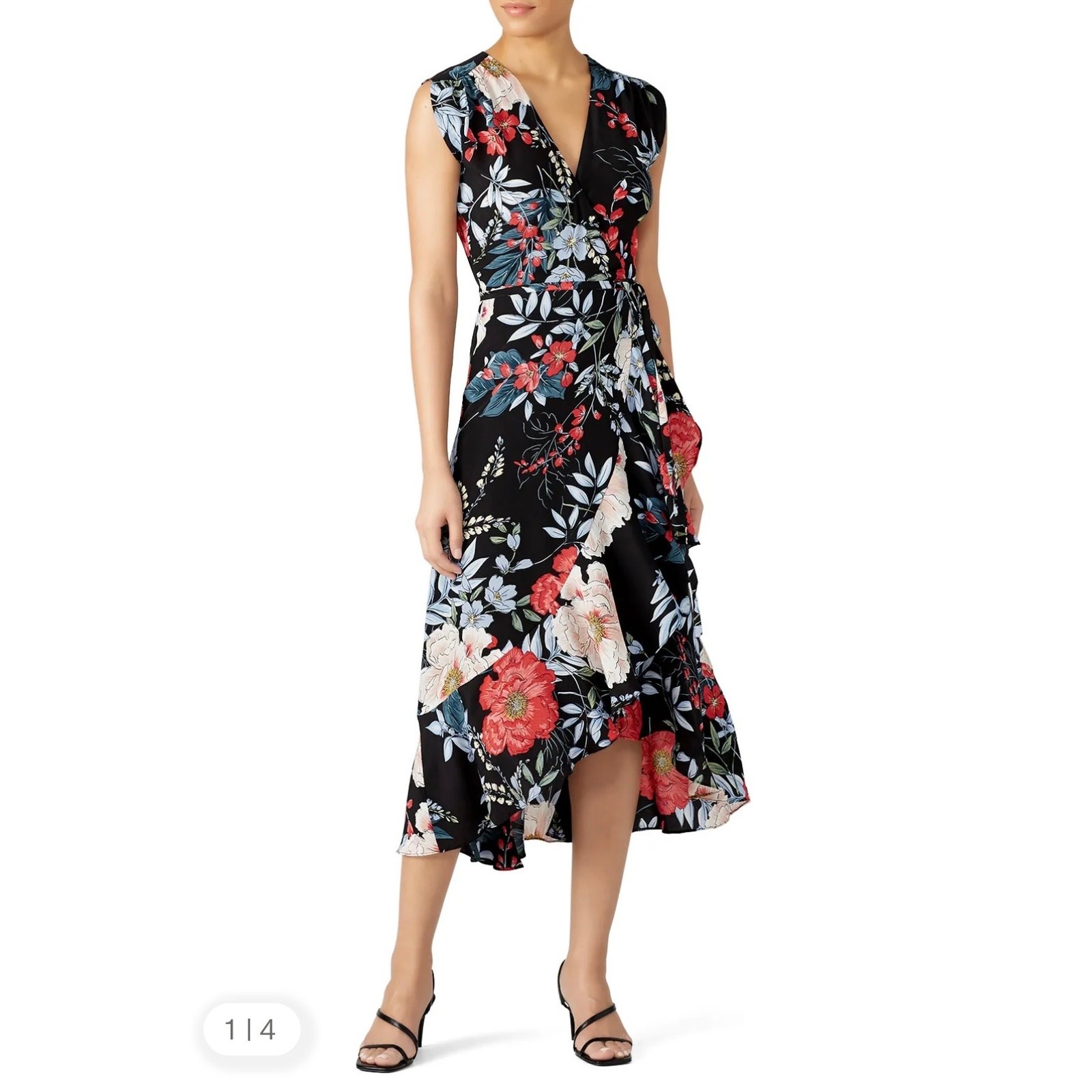 YUMI KIM Santorini Midi Wrap Dress Rain Forest Black Silk Floral Small Wedding