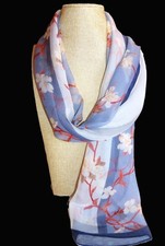 Oblong floral scarf; semisheer poly; blue, tan, rust, brown white 64x19