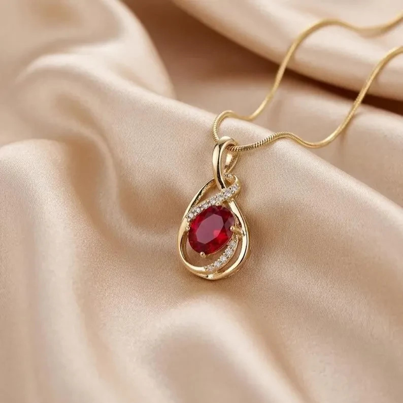 Solitaire Pendant Necklace Oval Cut Simulated Ruby In 14k Yellow Gold Plated