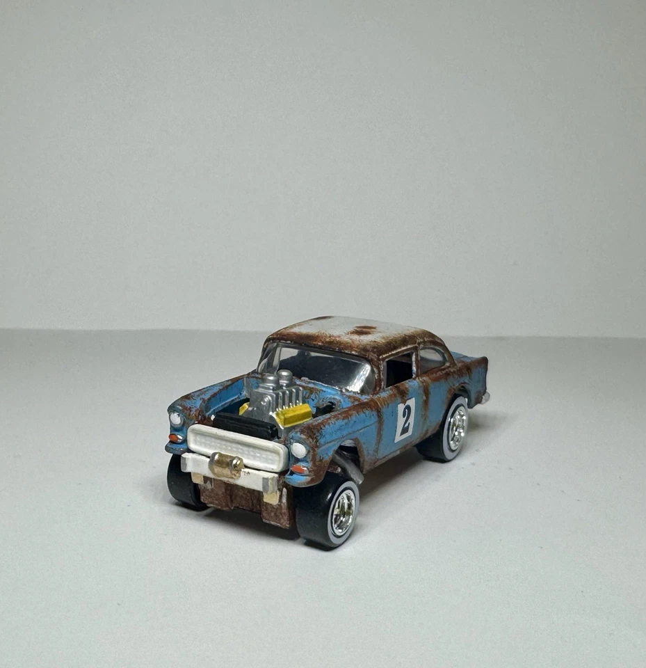 Custom Hand Painted Green Hot Wheels 55 Chevy Gasser Rat Rod W/Real Riders - Image 3 of 4