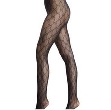 Women s Black Logo Pattern Fishnet Tights Sheer Nylon Full Toe One Size