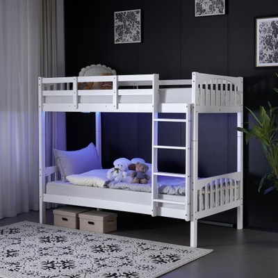 Modern Bunk Bed with LED Lighting & USB Ports, Heavy-Duty Twin Over Twin