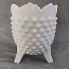Vintage White Milk Glass Hobnail Egg Shaped 3-Footed Vase Scalloped Rim 5"