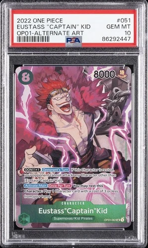 2022 ONE PIECE OP01-ROMANCE DAWN ALTERNATE ART #051 EUSTASS "CAPTAIN" KID PSA 10