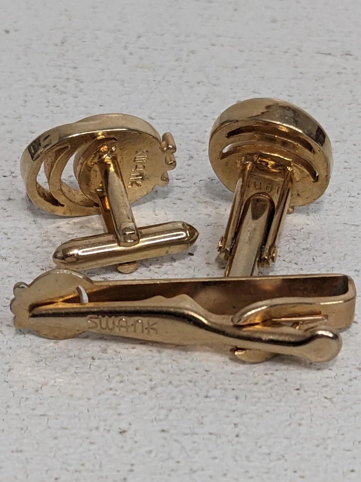 Juego de gemelos y clip de corbata de madreperla blanco cisne de latón vintage para hombre Foto 2 de 4