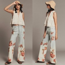 Anthropologie Pilcro Rylan High Rise Relaxed Fit Flare Jeans Floral Size 28 Tall