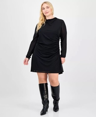 Bar III Plus Size 4X Black Ruched Mesh Dress Sheer Long Sleeve Mini LBD