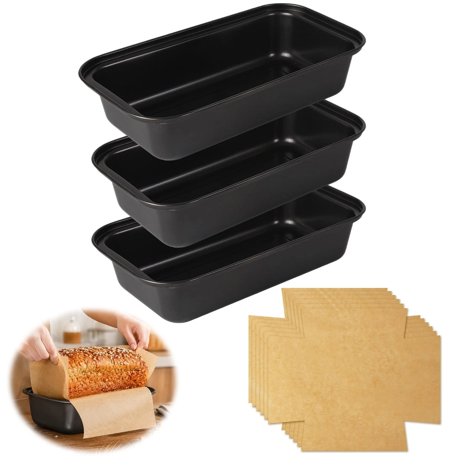 Loaf Pan with Liners Set: 3-Pack Nonstick 9 x 5 Inch Bread Loaf Pan and 100 P...