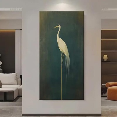 Framed Egret Canvas Wall Art: Green & White Heron Animal Painting, Wood Frame