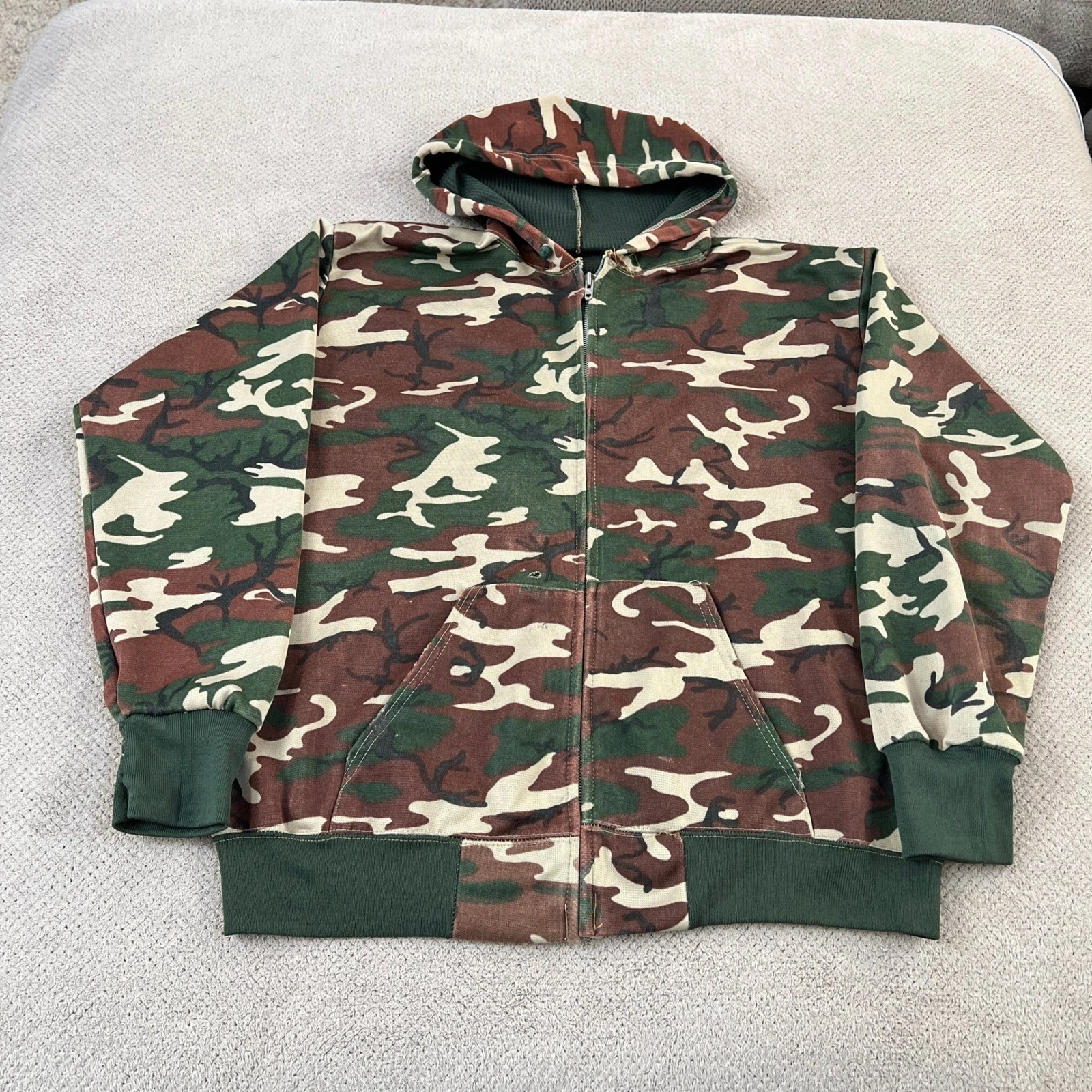 Vintage 1970s Camo Thermal Lined Zip Hoodie XL Woodland Camouflage IDEAL Zip