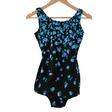 Vintage Ceeb Swimsuit One Piece Skirt Tropical Floral Sz 10 Black Floral