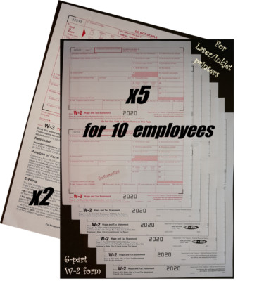 2020 IRS Tax Form W-2 Wage Stmts 10 employees LASER 6-pt +(2)W3 #TF5650 NO Env