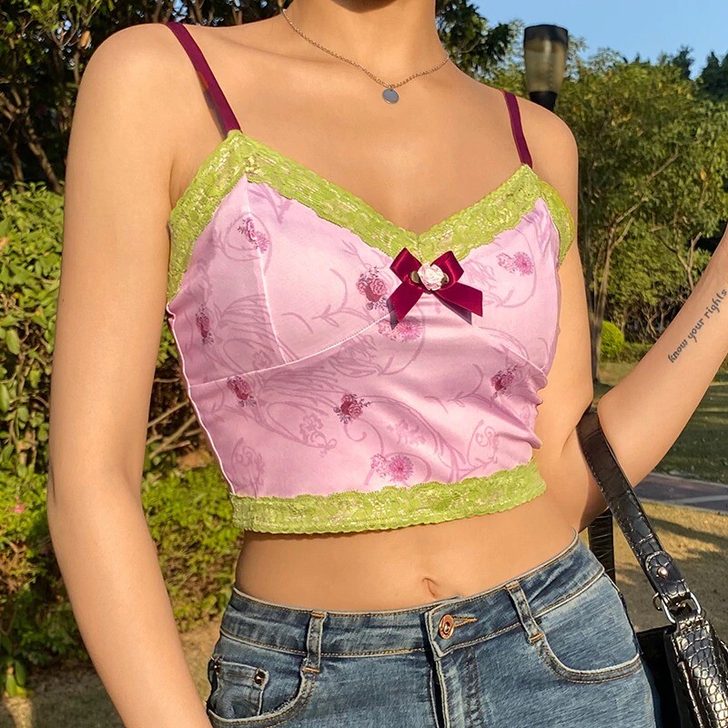 トップス S flower taped camisole Women's Spaghetti Strap Camisole Floral Print V Neck Tie-Up