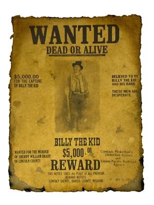 Billy The Kid Wanted Poster Distressed Prints Aged Western Art Wild West Reward