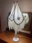 VINTAGE~VICTORIAN WHITE, BLUE TRIM TULIP BEADED FRINGE MILK GLASS/TABLE LAMP#282