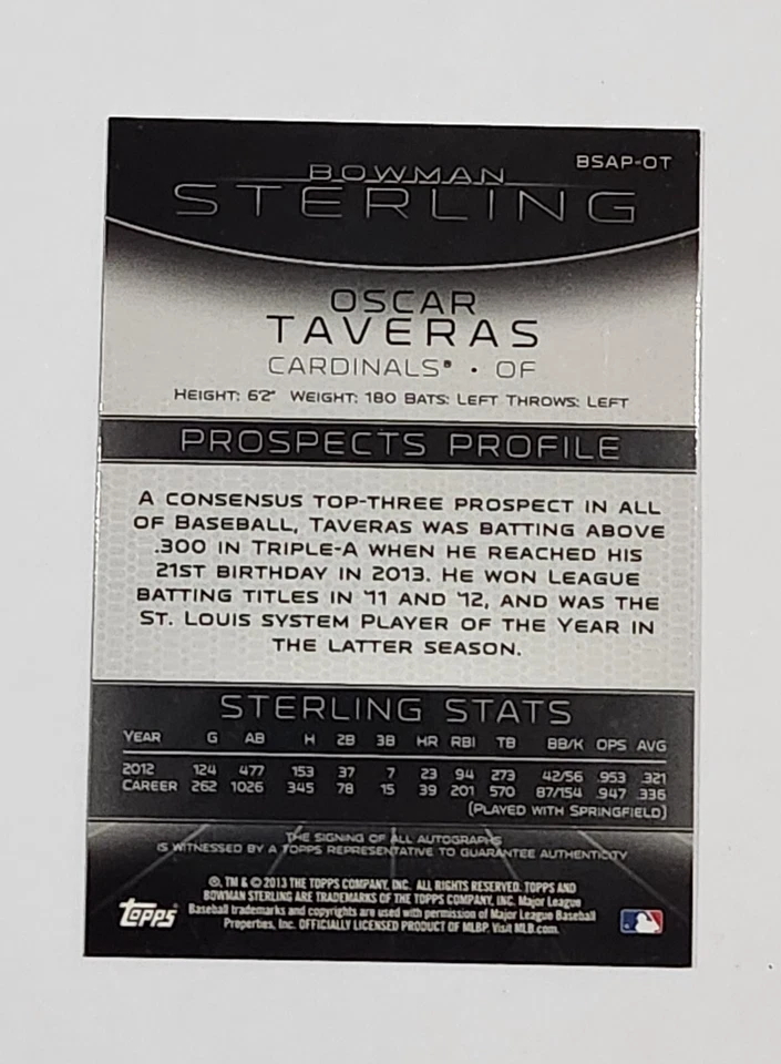 2013 Bowman Sterling PROSPECT OSCAR TAVARES AUTO #BSAP-OT - Image 3 of 3