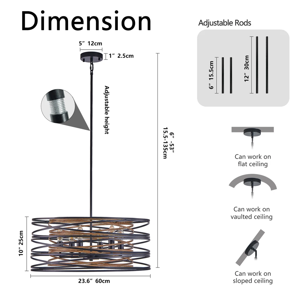 24" Farmhouse Chandelier Drum Hanging Light Rustic Wood Ceiling Pendant Fixture - Image 4 of 4