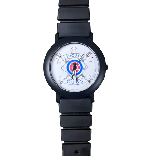 Baseball Chicago Cubs Bulova Men Wrist Watch Black White Blue Logo New Battery - Picture 2 of 4