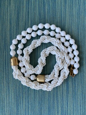 Vintage signed Miriam Haskell White Seed Bead Twisted Strands Gold Tone Necklace