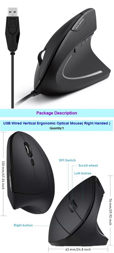 Ergonomic Optical Vertical Mouse Mice USB Wired LED Mice 2400 DPI F Laptop PC - Image 2 of 4
