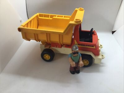 Vintage Fisher Price Dump Truck Orange Yellow With A Hard Hat