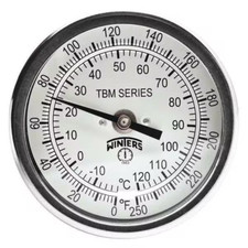 Winters TBM30025B22  Bi-Metal Therm 3" Gauge 2.5" Stem 0-250 F/C FNOB